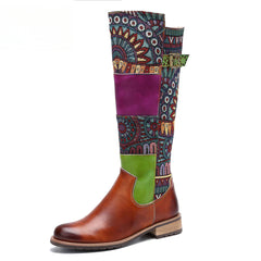Socofy Vicconfy Genuine Leather Vintage Patchwork Long Warm Boots