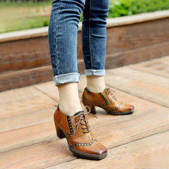 Socofy Genuine Leather Retro Brown Strappy Thick Heel Women's High Heels