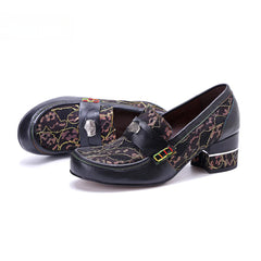 Socofy Leather Patchwork Comfortable Chunky Heeled Loafers Shoes