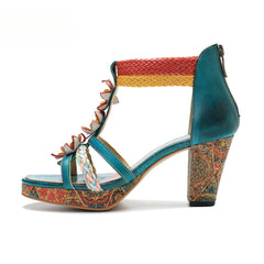 Socofy summer genuine leather braided retro fashion high-heeled women's sandals