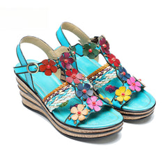 Socofy summer genuine leather bohemian style comfortable wedge sandals for women