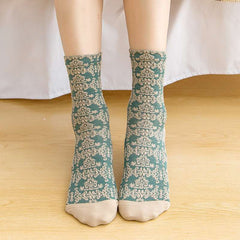 Socofy Vicconfy Vintage Cubic Embossed Socks Floral Mid-Calf Women's Socks