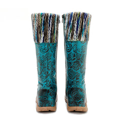 Socofy Genuine Leather Vintage Printed Wool Lace Up Comfortable Flat High Boots