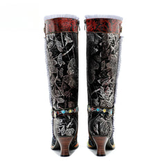 Socofy Genuine Leather Vintage Boots Warm Lace Side Heeled Boots