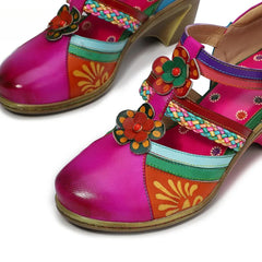 Socofy Summer Genuine Leather Casual Hook & Loop Hand-painted Sewing Retro Flower Women Sandals