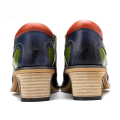 Socofy New Spring Genuine Leather Round Toe Lace-up Mixed Colors Ethnic Casual Sewing Pumps