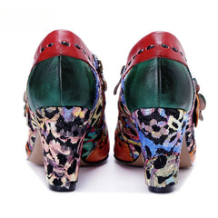 Socofy Genuine Leather Vintage Floral Chunky Heeled Women Pumps