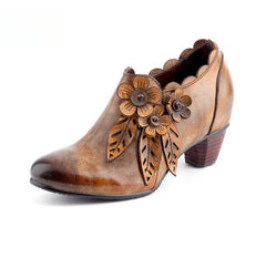 Socofy Genuine Leather Handmade Vintage Fashion Side Zipper High Heels Women's Shoes