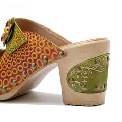 Socofy Spring and summer genuine leather retro flower comfortable thick heel high heel sandals