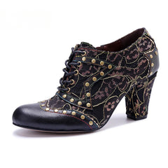 Socofy genuine leather Women's Leather Rivet Retro Fashion High Heeled Shoes
