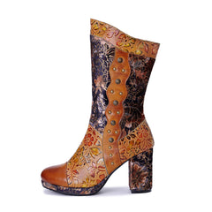 Socofy Winter Vintage Print Heeled Boots