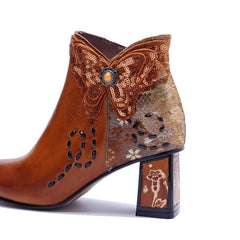 Socofy Retro Handmade Leather Butterfly Side Zip Heeled Boots