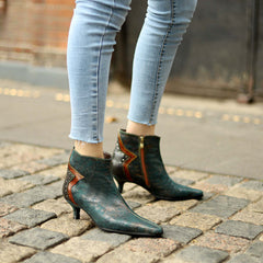 Socofy French Retro Metallic Dark Studded Studded Wrap Heel Design Slim Heel Women's Boots