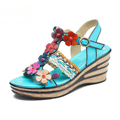 Socofy summer genuine leather bohemian style comfortable wedge sandals for women
