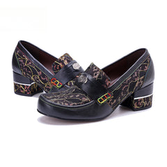 Socofy Leather Patchwork Comfortable Chunky Heeled Loafers Shoes