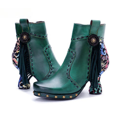 Socofy Vicconfy Retro Handmade Side Fringe Ankle Boots