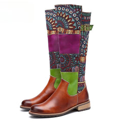 Socofy Vicconfy Genuine Leather Vintage Patchwork Long Warm Boots