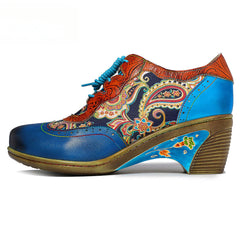 Socofy Vintage Handmade Bohemian Brogue Printed Heels Shoes