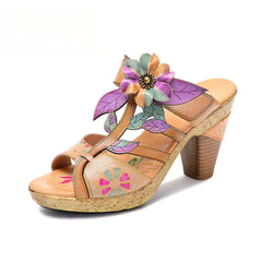 Socofy Vicconfy Flower Patchwork Head Cowhide High Heel Women's Sandals Slippers