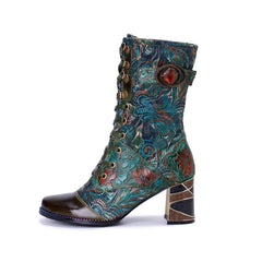 Socofy Winter Retro Painted Chunky Heel Boots
