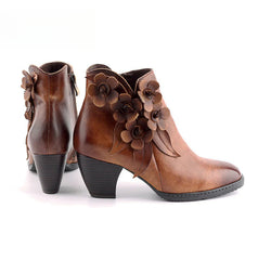 Socofy Genuine Leather Handmade Square Toe Vintage Handmade Flower Boots Woman