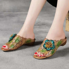 SocofyGenuine Leather Outside Slides Floral Leisure Retro Handmade Sewing Lady Slipper