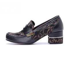 Socofy Leather Patchwork Comfortable Chunky Heeled Loafers Shoes