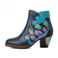 Socofy Vicconfy Retro Pattern Leather Zipper Ankle Boots