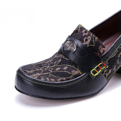 Socofy Leather Patchwork Comfortable Chunky Heeled Loafers Shoes