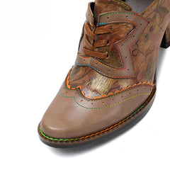 Socofy Vicconfy Genuine Leather Ethnic Brown High Heels