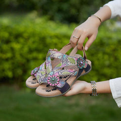 Socofy Bohemian retro first-layer cowhide flower-embellished women's sandals
