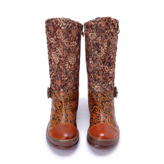 Socofy Winter Leather Vintage Printed Boots