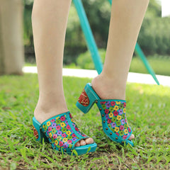 Socofy leather rubbed colour vintage floral casual fashion high heeled sandals