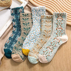 Socofy Vicconfy Vintage Cubic Embossed Socks Floral Mid-Calf Women's Socks