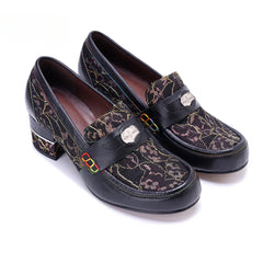 Socofy Leather Patchwork Comfortable Chunky Heeled Loafers Shoes