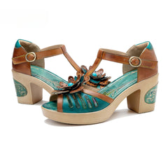 Socofy spring and summer leather retro casual three-dimensional flowers buckle strap women's sandals