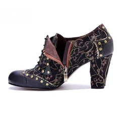 Socofy genuine leather Women's Leather Rivet Retro Fashion High Heeled Shoes