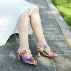 Socofy new summer style genuine leather retro three-dimensional flower rainbow and wine glass sandals for women