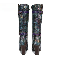 Socofy Vicconfy Genuine Leather Printed Belt Buckle Ethnic Long Boots