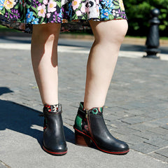 Socofy Vicconfy Genuine Leather Vintage Belt Buckle Crushed Flower Ankle Boots