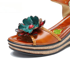 Socofy summer on leather retro three-dimensional flowers casual comfortable sloping sandals