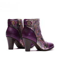 SOCOFY Genuine Leather Retro Handmade Exquisite Embossed Fashion Zip Winter Boots