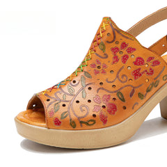 Socofy Spring Summer Leather Printed Hollow Out Chunky Heel Buckle Strap Clog Bottom Sandals