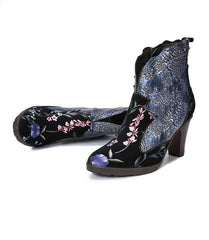 Socofy Vicconfy Vintage Genuine Leather Boots Floral Women's Boots