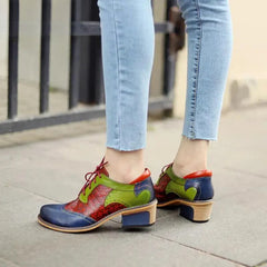 Socofy New Spring Genuine Leather Round Toe Lace-up Mixed Colors Ethnic Casual Sewing Pumps