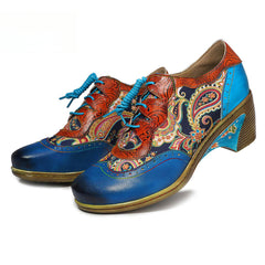 Socofy Vintage Handmade Bohemian Brogue Printed Heels Shoes