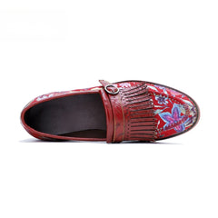 Socofy Handmade Leather Vintage Printed Tassel Flat Loafers Shoes