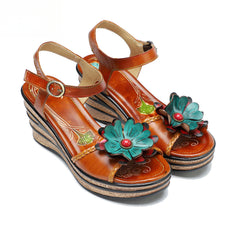 Socofy summer on leather retro three-dimensional flowers casual comfortable sloping sandals