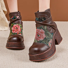 Socofy Retro Cowhide Leather Chunky Heel Platform Boots
