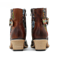 Socofy Vicconfy Genuine Leather Floral Vintage Casual Comfort Ankle Boots